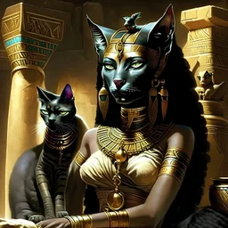 scene from Egyptian mythology. The cat goddess Bastet. She has the body of a woman and the head of a cat.