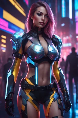 Full body portrait realistic cyber Russian girl half dressed appealing, nightlife costume, she is looking at her holographic watch, futuristic uplifting mood and motivation theme, science fiction, spectacular landscape spring season in cyberpunk city, incredibly beautiful in the cyber-city street, stunning intricate meticulously detailed dramatic digital illustration volumetric lighting, 200 megapixels 8K resolution, back-lit soft lights, photo-realistic arts, realistic photography, neon colo