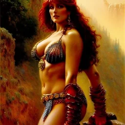 Drawing of beautiful face,'beautiful ,Busty Red Sonja',intense stare, ancient skintight armor, balanciaga fashion clothe painting by gaston bussiere, greg rutkowski, yoji shinkawa, yoshitaka amano, tsutomu nihei, donato giancola, tim hildebrandt, Oil on canvas, cinematic composition, extreme detail,fit full head inside picture,16k