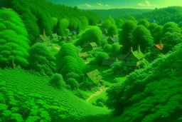 A green village covered in nature and foliage painted by Frank Wilson