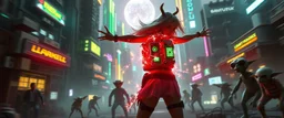 cyberpunk space city, in valley, close up on A space pirate priest rogue cowboy girl with disco ball rocket shooting sparks backpack named Daisy started doing the splits, Blew a fuse in his hips and short-circuited his bits, The Martian fluffy gremlins went wild, the Plutonians dogs screamed, Even black-and-white aliens turned ultraviolet green! in the style of fallout 4 and HR Giger, background motion blur , and volume fog spot lights