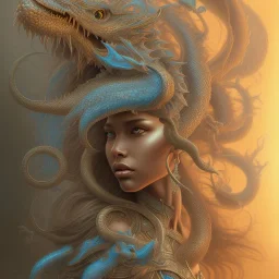 sango fantasy, fantasy magic, intricate, sharp focus, illustration, highly detailed, digital painting, concept art, matte, artgerm and paul lewin and kehinde wiley, masterpiece silver dragon head golden African nice breast Afo woman turquoise waves