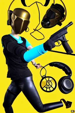 Guns, 3D-Escher tiling, background. Bronze color, Yellow, Black Cyan photograph Cyber-punk, full-mask, AKG-style big headphones, golden rings & disc, fencing mask. Selfie archer. Asa Akira, lightly armored, electronic circuits. Thick tights, thick calves, bend fell, wide hip, flat belly. Ancient artifact attached. Perfect body. Daft Punk, Tron Movie. Matrix movie clothes, Silver leather area, tippet, latex. Wicked sneakers. 1990's, old telephone microphone. Surreal. Minimal fashion Future