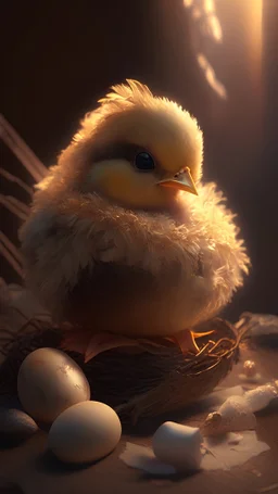 photorealistic cute little chicky hatching from an egg, hyperdetailed painting, luminism, Bar lighting, complex, ancient greek clothes, messy brown old clothes, 4k resolution concept art, Artgerm, WLOP, Alphonse Mucha, 3d render, octane render, intricately detailed, cinematic, trending on artstation | Isometric | Centered hipereallistic cover photo awesome full color, hand drawn, dark, gritty, realistic mucha, klimt, cinematic