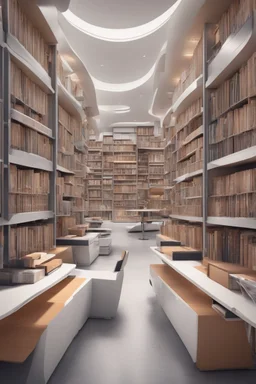 A modern library. Robotic book delivery, everything is automated. Cutting-edge library interior design. Everything is drawn in detail, in high resolution. 8k