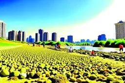 Sunny day, people, rocks, sand, distant modern city