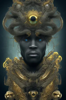 black male African alien, cracks in the voodoo head, wicked, diamond eyes, crown, blood, 8k, finely detailed, photo realistic, leopard style turquoise skull head gold dragon space alien rain skeleton gold tooth silver helmet silver space suit spaceships