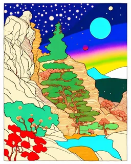 Peaceful, Egon Schiele, Max Ernst, night sky filled with galaxies, planets and stars, rock formations, trees, flowers, one-line drawing, sharp focus, 8k, deep 3d field, intricate, ornate, one million strokes, colored