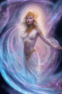 Create an image of a full body cosmic Goddess. The goddess should be depicted as a beautiful and powerful figure, surrounded by cosmic stars. Her hair should be long, blond and flowing, and she should be dressed in a flowing gown blue celestial robe. In the background, include imagery of pink flowers, blue sky,trees. The image should evoke a sense of joy, celebration, and spiritual connection to nature.