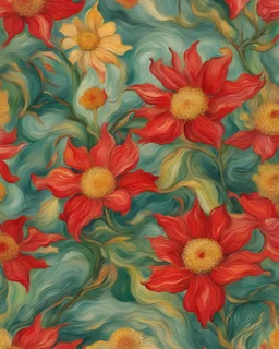 red, green and gold flower van Gough water color