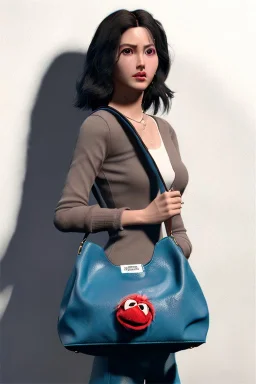 Woman bag made with muppet, Sesame Street style, fashion photo studio, unreal engine 5, god lights, ray tracing, RTX, lumen lighting, ultra detail, volumetric lighting, 3d.