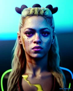 portrait, Shakira, blonde artist, angry, Realistic image, MMA robe, hoodie, mma gloves, fight pose, make-up make-up, gold line make-up, sweat, fog, goddess style, Neon colors, leds. Black background, photo studio, concept art, smooth, unreal engine 5, god lights, ray tracing, RTX, lumen lighting, ultra detail, volumetric lighting, 3d, finely drawn, high definition, 4k.