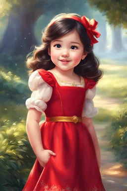 a painting of a little girl in a red dress, realistic cute girl painting, photorealistic disney, disney artist, adorable digital painting, beautiful character painting, portrait of snow white, disney art, disney character, disney render, cute cartoon character, portrait anime girl, young girl, cute young girl, disney art style, photorealistic anime girl render, cgsociety 9