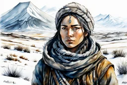 create in ink wash and watercolor portrait of a young, otherworldly lost Siberian nomadic female huntress, fantasy art character, with highly detailed, sharply lined and deeply weathered facial features, outside her yurt in a desolate tundra steppe landscape , in natural winter tundra colors, 4k