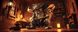 air brush 3d with pen outline,spaghetti final boss gunslinger western fluffy elder goblin scoundrel edgy hero, shallow depth of field, warm lantern, pin hole cam in doll house, bottom floor board edge border