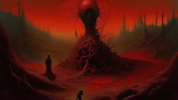 A surrealist painting in the style of Zdzisław Beksiński, featuring a biomechanical sculpture in a desolate landscape. The sculpture is a twisted, organic form of deep red, with multiple eye-like openings and tendrils. Beside it stands a female figure, her body rendered as a translucent silhouette filled with intricate, dark patterns resembling roots or veins. Her hair is an explosion of chaotic black and red threads, merging with the sculpture's form. The background depicts a muted, hazy horizo