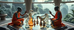 alien levitating yoga monk wrestlers chess masters playing serious glowing chess on hex map in lounge on beautiful lush planet with huge transparent bird glass alien chess pieces of ships in fountain, also an endless twisted god piece, one of the players is wrestling a piece