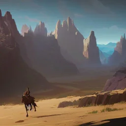  mountains with medieval knight in armour traveling on a horse in the background