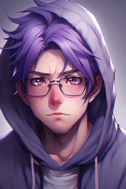 Anime man with glasses, messy purple hair, wearing a hooded sweatshirt, realistic