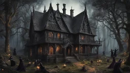 A gothic woodland house with a coven of witches dancing in front of it.