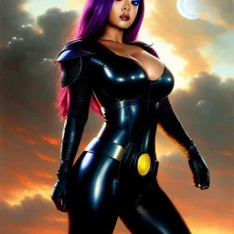 fullbody portrait 'beautiful booty sexy busty Raven(teen titans)',wearing minimal ancient latex armor,hyperrealistic skin,Hyperrealistic Big eyes,painting by gaston bussiere, greg rutkowski, yoji shinkawa, yoshitaka amano, tsutomu nihei, donato giancola, tim hildebrandt, oil on canvas, cinematic composition,sharp image, extreme detail,((fit full head inside picture)),32k