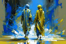 The perception of newness comes from anamorphic space from couple figures that undergoes a transformation after some specific action and adapts to a new space as if in the form garment of a rain, dust, scratches, ink, oil, pencil drawing, gouache texture, maximum detail, quality textures, light gold and blue lighting, 8k high resolution, Enhance