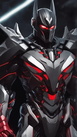 A close picture to Mix between symbiote and machine and batman in transformers cyborg with black metal and red details armor in solo leveling shadow art style with red details detailsis in fantasy world