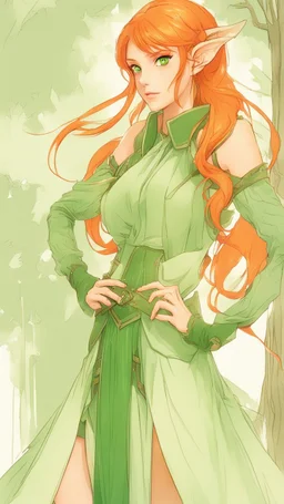 Hot Elf with orange hair and glowing green eyes She wears a light green dress