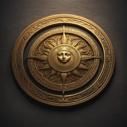 a used gold coin called a Gold Sun. the coin has a circle of runes around the edge. fantasy concept art, exquisite realism, a masterpiece, dynamic lighting, hyperdetailed, intricately detailed, deep color, Unreal Engine, volumetric lighting , Epic cinematic brilliant stunning intricate meticulously detailed dramatic atmospheric maximal,CAMERA: Nikon Z7 | FOCAL LENGTH: 105mm | SHOT TYPE: Close-up | COMPOSITION: Centered | LIGHTING: Soft, directional