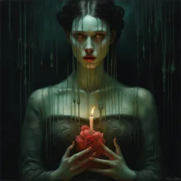 Cinematic portrait of a woman with a votive wax torso melting, cosmichorror, ooze drips, encaustic, necromancy, spotlit, bright tones, detailed, very detailed face, art by franz stuck, art by sungmoo heo, art by grace aldrich, art by tom bagshaw, art by natalie shau,