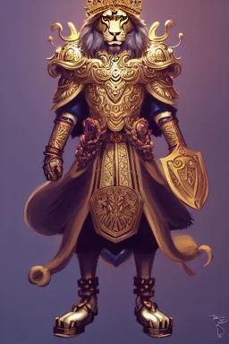 wide angle beautiful full body portrait of a strong male anthropomorphic lion fursona wearing ornate lion - themed magic fantasy armor and a crown. character design by disney, anime, manga, charlie bowater, ross tran, artgerm, and makoto shinkai, detailed, soft lighting, rendered in octane