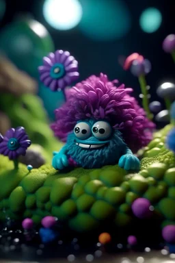 portrait of fluffy toy wolly illithid mind flawyer in a water slide holding weird flowers in his trunk in the style of pixar, on a strange planet with weird colors and wind turbines, bokeh like f/0.8, tilt-shift lens 8k, high detail, smooth render, down-light, unreal engine, prize winning