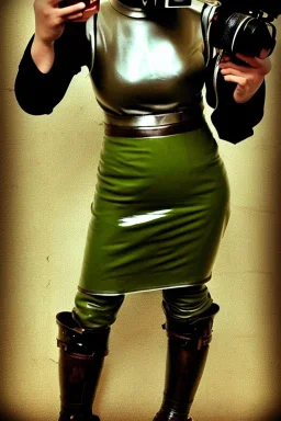 Steam-punk style random-mask. Large fencing mask covers cheeks. Brainless girls. Reflective surface on face, full coverage, reflective. Camera lenses as eyes. Head full of integrated old-fashioned phones. Army green surfaces body, latex. Perfect body, thick thighs and calves. Asa Akira. SElfie with old-fashioned camera. Wide hip, skirt bleats nicely. Partly symmetrical. Straitjacket. Steam-plunge-air-bottles-chin. Euclidean 3D-tiling walls. surrealistic atmosphere