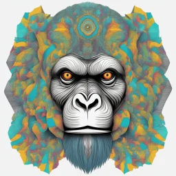 T-shirt design graphics on white background, Parametric structure, vivid colors, frontal gorilla Head in mandelbrot style, Renè Magrite style, intricated details, cyberpunk, few colors, surreal, symmetrical, high contrast