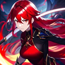 Clear focus, 8k, high quality, detailed, beautiful lighting, vibrant colors, red hair, vibrant red eyes, girl, angry, sword magic