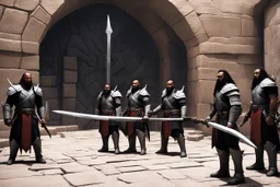 Four Klingon warriors gather in the stone courtyard of a fortress on Qo'noS, checking their traditional weapons before the battle. On the left, a warrior tests the weight of his massive bat'leth, while his comrades sharpen their d'k tahg daggers and mek'leth blades. Armor of leather, fur and spiked steel, braided hair, and banners of the Empire blowing in the cold mountain wind. No phasers. No mercy. Only Kahless' legacy. Inspired by Star Trek TNG / DS9 Klingon culture.