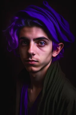 A portrait of a young Elf, a wizard, purple hair, Caravaggio style