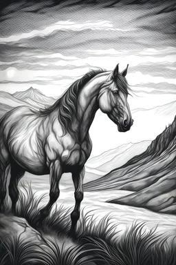 dibujo a lapiz de un caballo en las montañas blanco y negro en un amanecer al estilo de van gogh