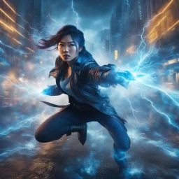 Photorealistic image of a fierce young Chinese woman in modern clothing style, dynamic pose, shoots a stream of blue lightning from her hands, in the middle of a city street, the girl is surrounded by many blue lightning, bioluminescent and magic dust. The image has vibrant colors, vivid contrasts and detailed octane rendering. Epic. Cinematic. Creative lighting.