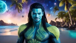 beautiful gorgeous young man na'vi with long hair, Avatar, blue skin, two small ears, green eyes, black hair, in cosmic suit, galactic ambiance, medium pointy goatee , smiling, with spaceship and planets and palm trees and clear crystaline cosmic beach in background