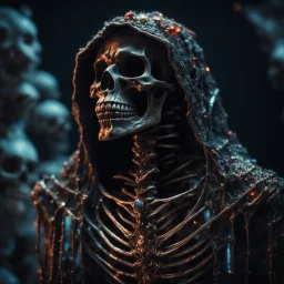 gigantic scarry dark hooded crystal skeleton made of marble, bright colors, glowing sparkle particles, dark tone, sharp focus, contrast, 8k, incredible depth, dramatic lighting, beautifully intricate details, clean environment, epic dynamic scene