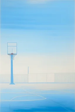 A pale blue basketball field in the foggy sky painted by Lyonel Charles Feininger