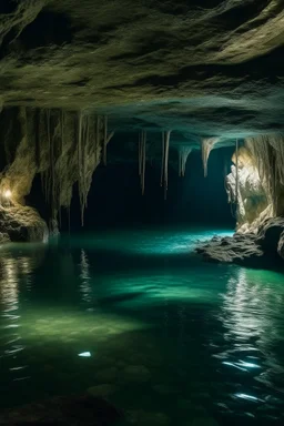 A water full underground in a cave with small lake