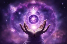 kundalini, connected to the universe, purple galaxy, holding universes in hands