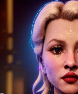 Young blonde Madonna, pretty cyber woman, cold ambient, latex, cables, purpurin, black, gold, piercings, brown, decorative color feathers, circuits, neon style, a lot of led lights, fog, rain, vibrant color, highly detailed, art stations, concept art, smooth, unreal engine 5, god rays, ray tracing, RTX, lumen lighting, ultra detail, volumetric lighting, 3d, finely drawn, high definition, high resolution.