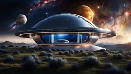 photorealistic futuristic unique house flotaing in big space in outer space in a star nebula, streamlined futuristic spaceship floating in front, nebula behind, stars, tiny planets in the distance, dark blue deep space Professional photography, bokeh, natural lighting, canon lens, shot on dslr 64 megapixels sharp focus, stunnig, cinematic