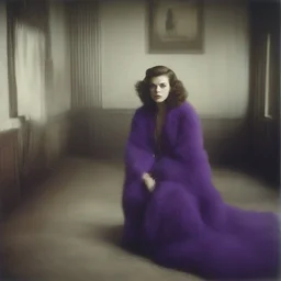 actress judy garland , hippie girl, purple fur, in a liminal empty room, old autochrome