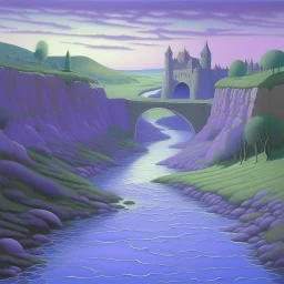 A light purple gorge with a swampy water river painted by the Limbourg brothers
