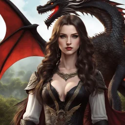 An arrogant looking young woman with pale skin and long brown hair in an outdoor fantasy setting with intricate details with a dragon flying in the far distance of the background. She is smirking, wearing black and read leather, has red eyes, an air of malevolent power surrounds her. gaia online avatar style. High definition.