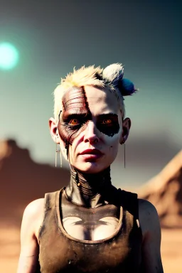 Fashion Portrait, tank girl, make up, natural busty, mad max style, glow eyes :: desert scene :: cinematic, Ultra realistic, wide angle view, soft color, highly detailed, unreal engine 5, RTX, ultra detail, volumetric lighting, 3d, finely drawn, high definition.